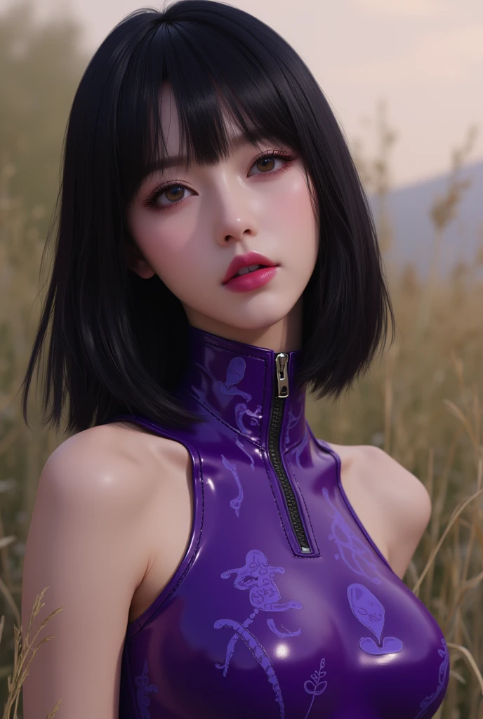 Short cut with a little brown hair, hairstyle like the old Ami Suzuki, height 153. purple dress with visible cleavage, white skin, slightly eagle nose, thin lips, double eyes, blue eye shadow, 19 years old,
