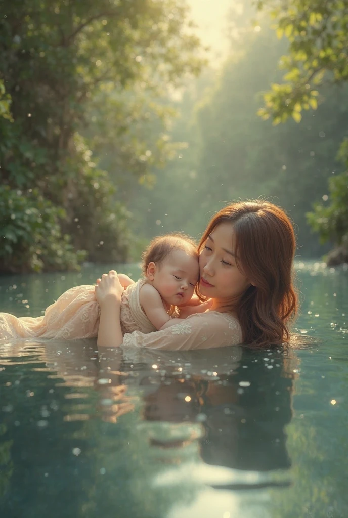 A carrying baby in water