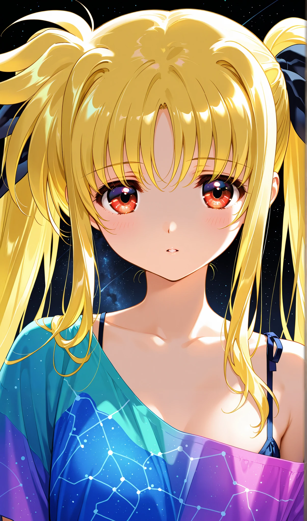 (( 1 girl)), testarossa, red eyes, blonde hair, twintails, twin ribbons, black_hair_ribbons 、Toyoaki Yoshi 、Black background,colorful, loose clothes, "Intricate Iris Details", "Captivating Eye Reflections",Beautiful eyes, vibrant, Shining Contours ,neon,green、official art、viewer, masterpiece, Very Beautiful、starry sky、 sidemap、Light powder、neonヘア、