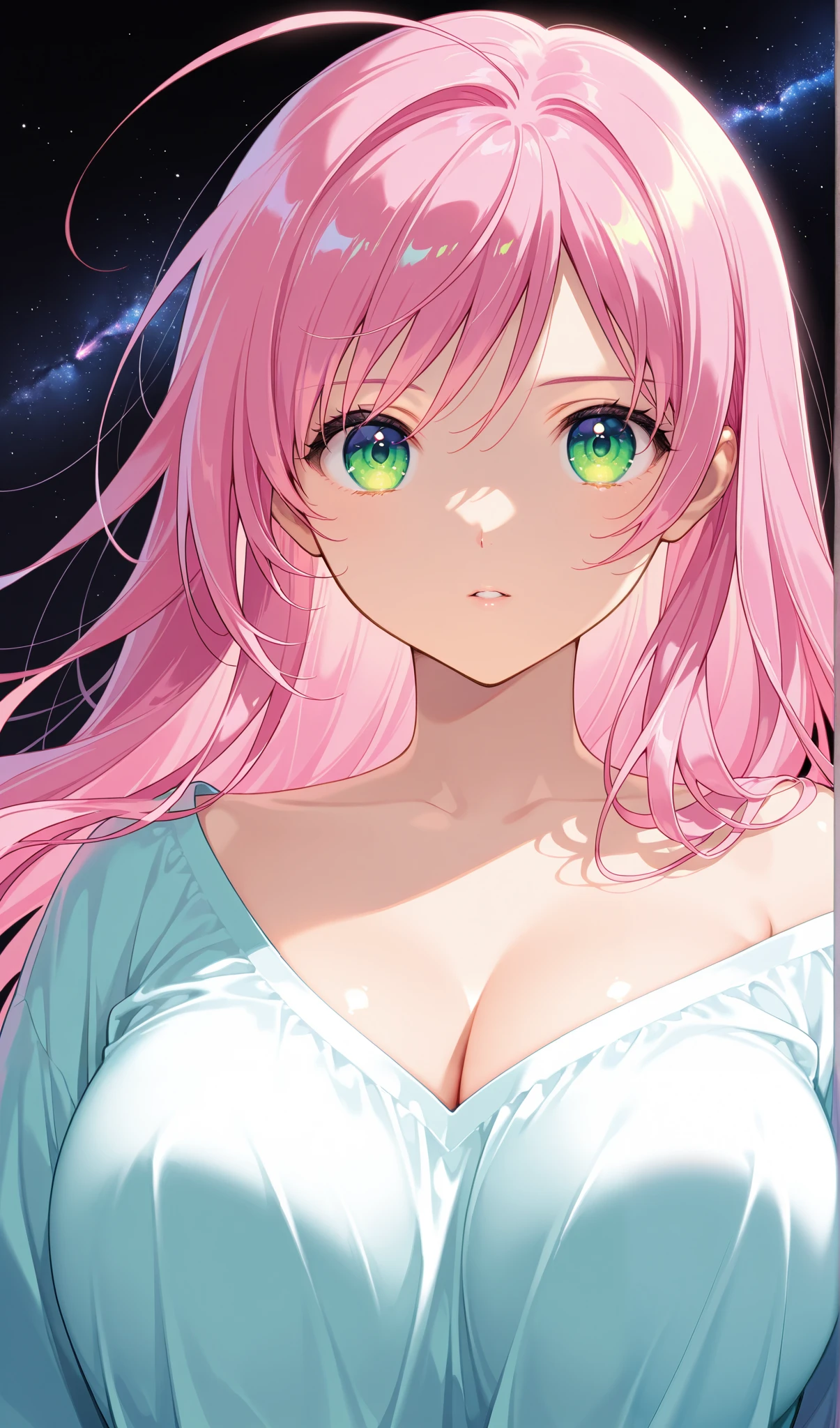 (( 1 girl)), normal moka akashiya, long hair, green eyes, pink hair, ahoge, large breasts,Toyoaki Yoshi 、Black background,colorful, loose clothes,face close up, "Intricate Iris Details", "Captivating Eye Reflections",Beautiful eyes, vibrant, Shining Contours ,neon,green、official art、viewer, masterpiece, Very Beautiful、starry sky、 sidemap、Light powder、neonヘア、