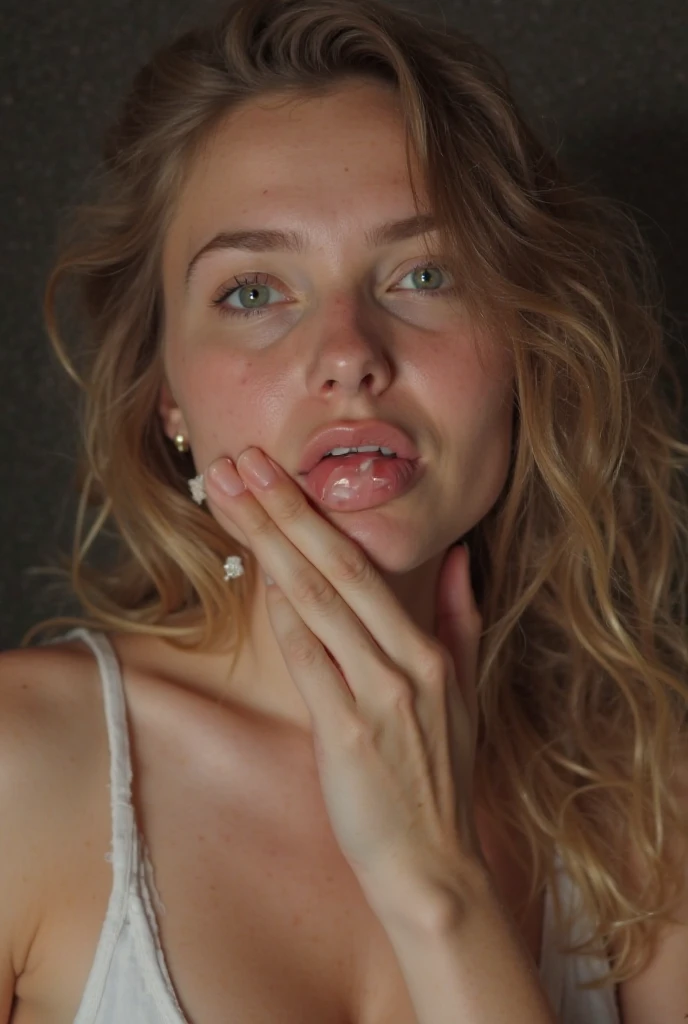 masterpiece, photorealistic, close up face portrait, 1 lady, alluring woman, open mouth, open lips, surprised, she is having an orgasm, orgasmic face, pleasure face, face drenched with thick whhite liquid, cum covered face, blonde, sofisticated, jewelery, necklace , earings, piercings, young beautiful, cute freckles, realistic skin textures, skin imperfections, twin braids, young girl, freckled,blonde, freckled pale skin, anna nikonova aka newmilky, lacey
