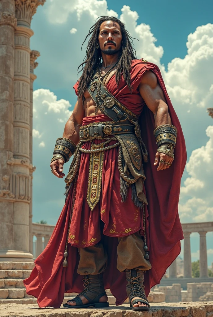 Make an image of a biblical character called Samson, a man with long hair and braids, red hair, strong, dressed in a Palestinian cloak, serious face, sweat running down his face, ancient warrior, handsome man, beautiful face, 8k show, Realistic 8k image,