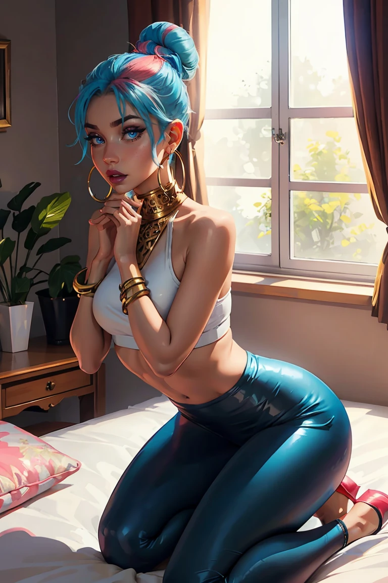Goddess ((goddess-like woman)), slim elegant silhouette, masterpiece, (close angle), best quality, pale skin, fair skin, sweet face, (masterpiece:1,2, best quality), (real picture, intricate details), (1 lady , solo, medium tits, slim waistline, ), ((Jinx/LOL)),WHITE HAIR, a woman withe White short hair, White hair, aqua eyes, she has an impressive presence., short hair, bracelet, hoop earrings, jewelry, beautiful face, beautiful eyes, Side Pose, Side View, she Wears a wearing a mint-colored sweater and shorts and pink sweatpants, sweet irresistible smile, elegant pose, elegant hands, beautiful hands, perfect fingers, right hands, right Arms, background: bedroom, bright room, large window, kneeling on the bed