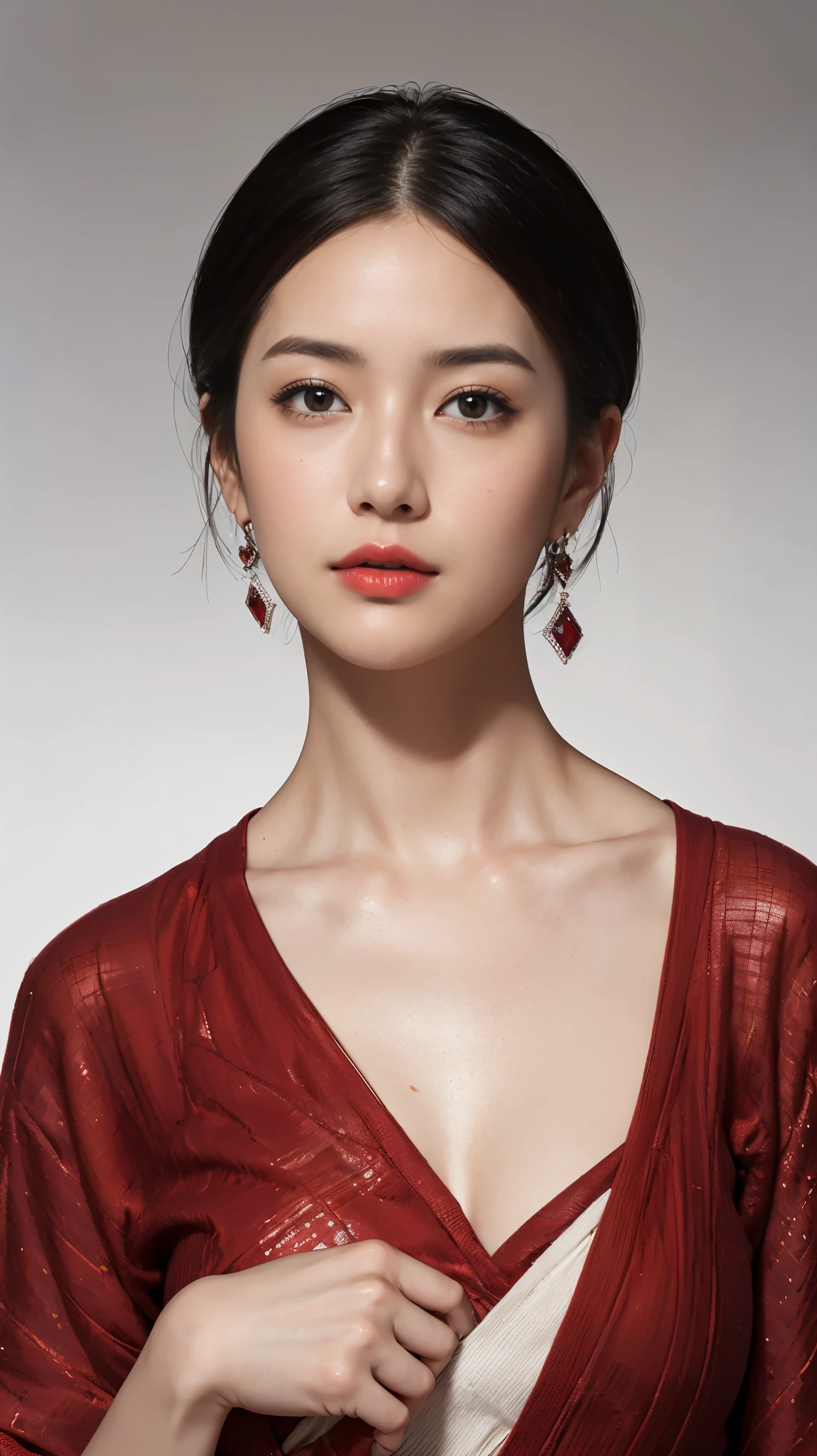 High Resolution , masterpiece, anatomically correct, 超 High Resolution , textured skin, ((Center parted short hair)), Tall、 face close-up 、Red lips、Take a look、very closed lip view, Chinese 35 years old woman.