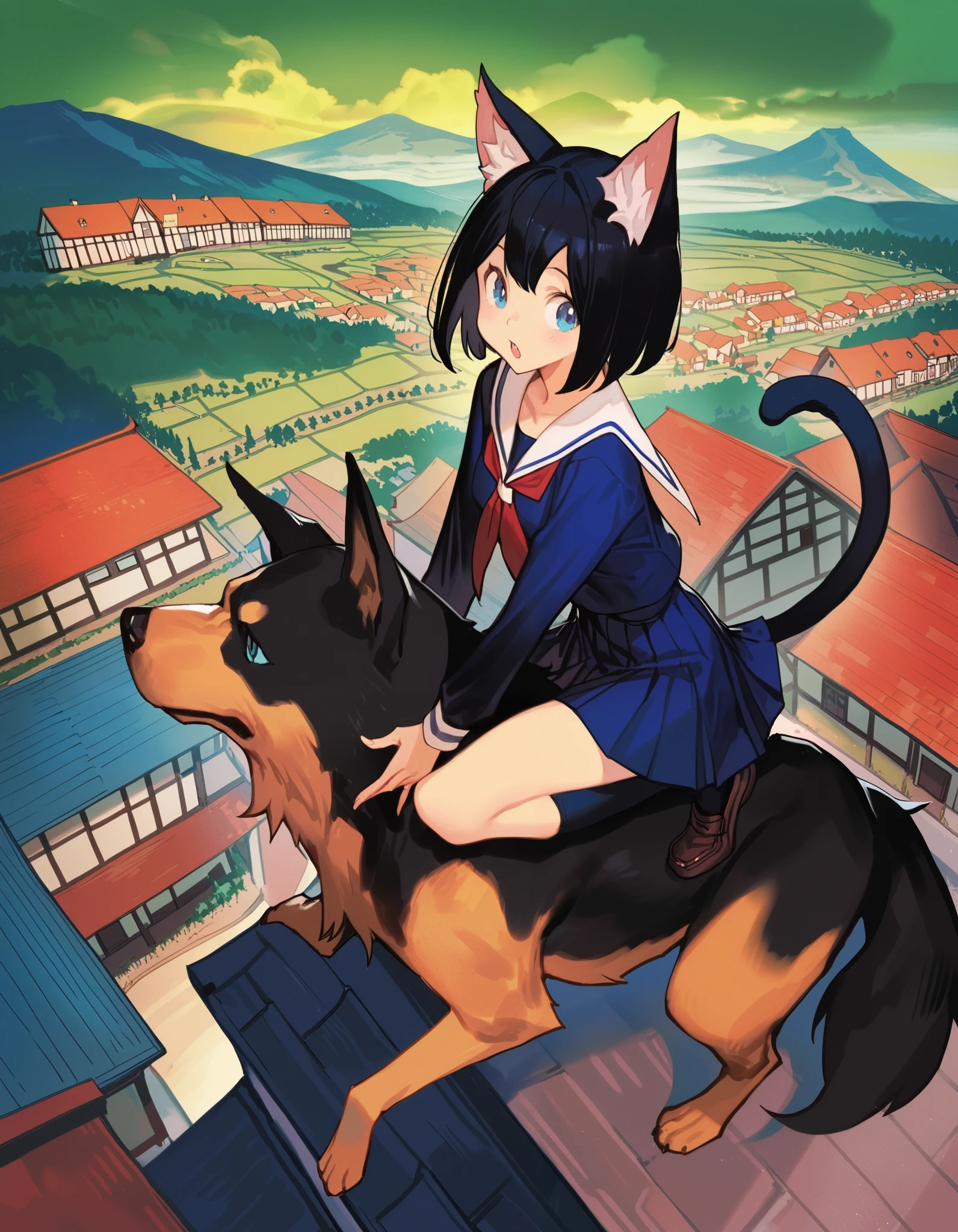 masterpiece, best quality, (hungry clicker:0.9), (ask \(askzy\):0.3),(popqn:0.4), 1girl, serafuku, riding a big dog, village,cat ears, cat tail, black hair, blue eyes, dog,animal