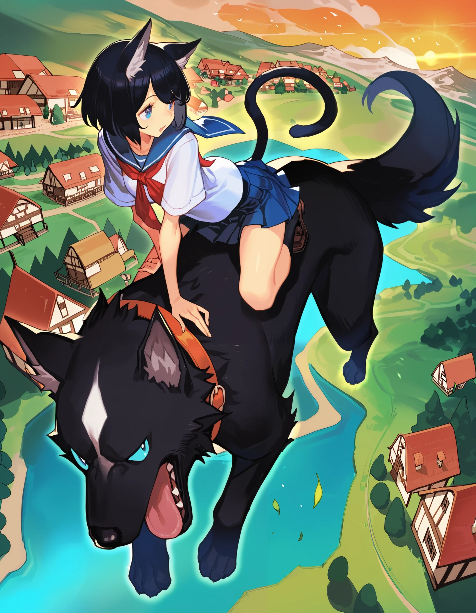 masterpiece, best quality, (hungry clicker:0.9), (ask \(askzy\):0.3),(popqn:0.4), 1girl, serafuku, riding a big dog, village,cat ears, cat tail, black hair, blue eyes, dog,animal
