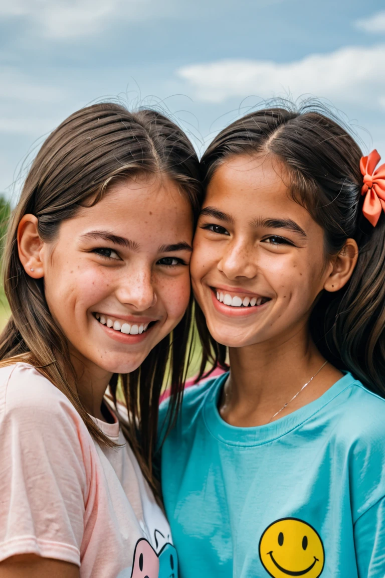 two 8 year old girls hugging in a park, baby face, she are happy, park with good lighting