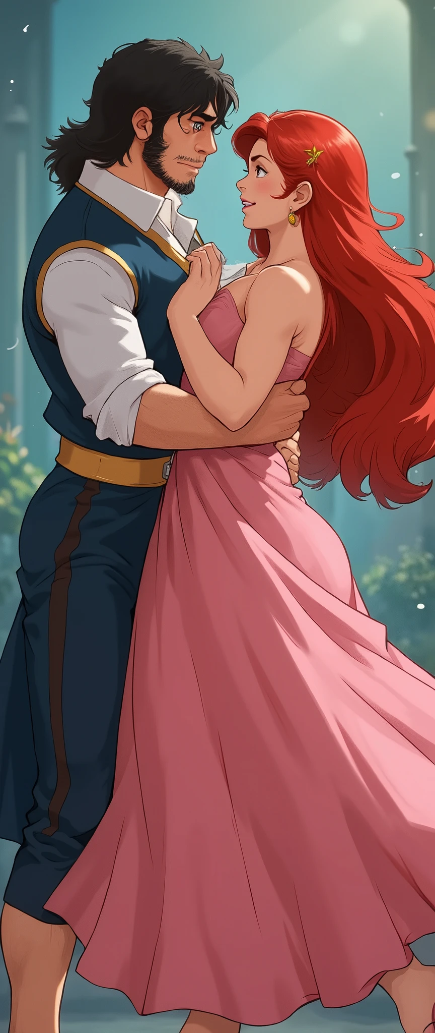 Ariel, red hair, pink dress, Prince Eric , black hair, dance scene, Dancing a piece, full body buttons, work of art, 8K
