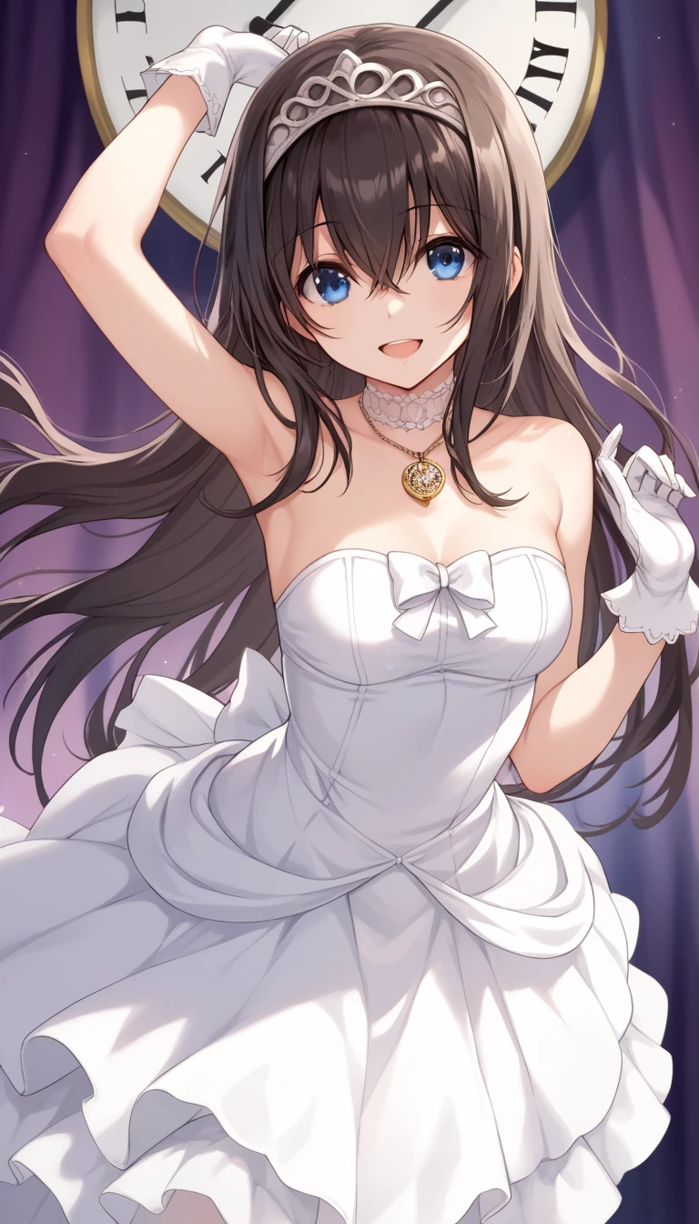 sagisawa fumika, 1girl, solo, watch, pendant watch, blue eyes, breasts, gloves, tiara, dress, long hair, cleavage, looking at viewer, white gloves, bare shoulders, open mouth, large breasts, strapless, choker, blush, white dress, black hair, brown hair, hair between eyes, strapless dress, collarbone, smile, bangs, on stage,