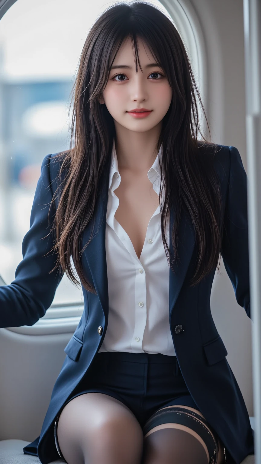 best quality, detailed, beautiful, insanely detailed, absurdres,perfect anatomy,
Japanese woman,black hair,27 years old,
(slender),
(small breasts best quality),
walking, looking at viewer, hair over one eye, gray business suit, white skirt,, piercing, full body shot, low angle shot
