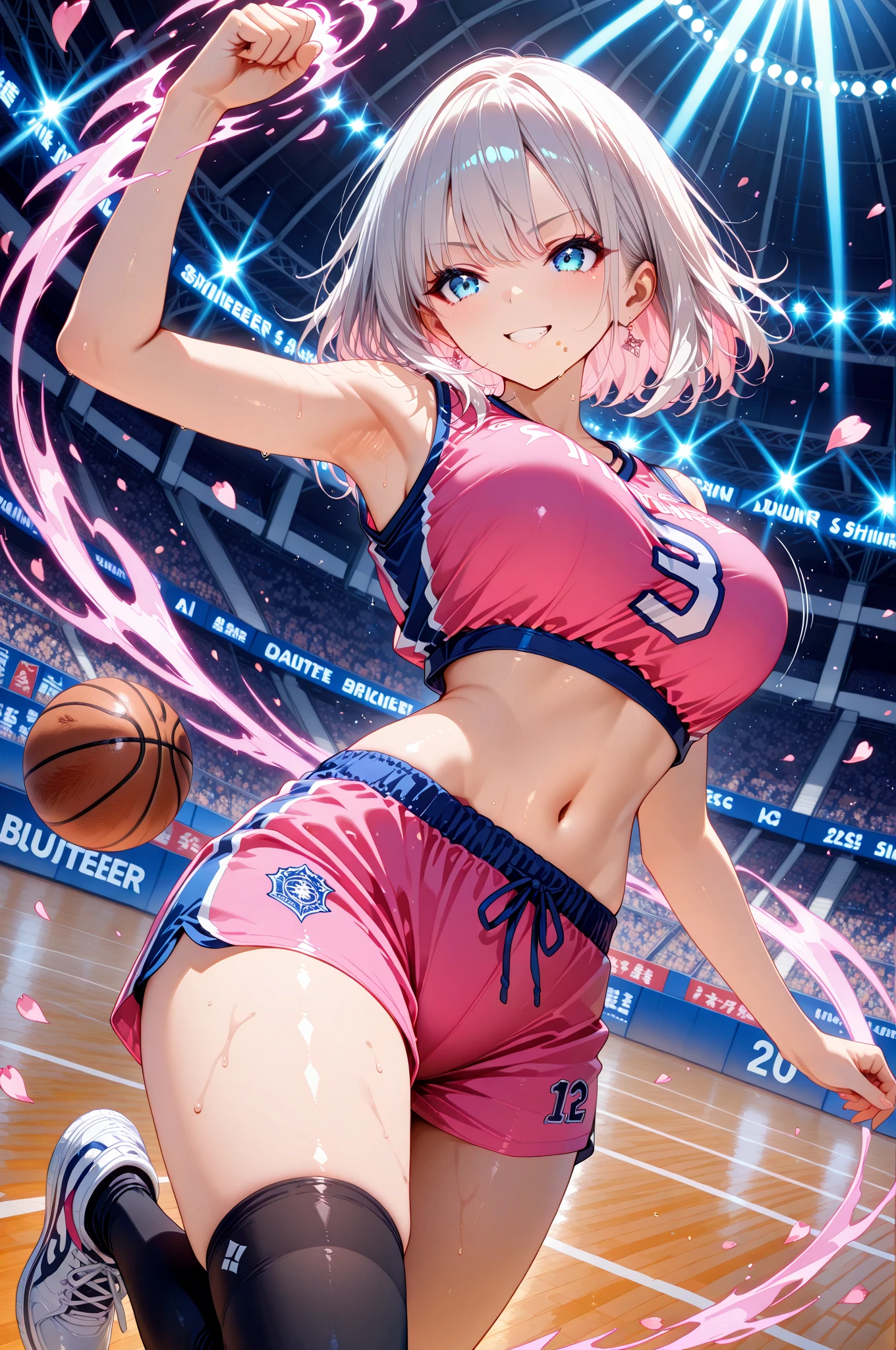 Purple medium hair、Hair over one eye、basketball、Holding the ball、Colossal tits、cleavage、in one's underwear only、White bra、Black miniskirt、