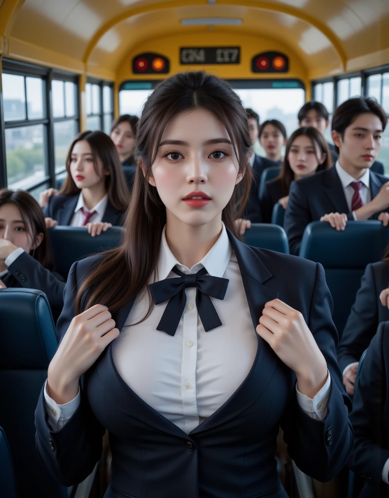 8k, RAW photos, ((Very cute slender Alafed Asian schoolgirl wearing short skirt and bow tie, hugged by businessman behind, on a crowded train)), (((Big: 1.1, Saggy breasts: 1.2)))), (White open button long shirt)), (Low angle shot), (High Definition Skin: 1.2), (Exposure: 1.5), (Exposed breasts: 1.5), (Exposed Crotch: 1.5), (Japan School Uniform), (Japan School Uniform), (Wearing Japan Uniform), (Surreal Schoolgirl), (Surreal Schoolgirl), (Schoolgirl Dressed, Surreal Schoolgirl), Wearing Uniform, Realistic Schoolgirl, Girl in Uniform, Schoolgirl Pose, Full Body, Lovely Skin, Glowing Skin, Lovely Thighs, Glowing Thighs, Glowing Legs, (Beautiful Brown Eyes, Brown Hair, White SkinBeautiful girl, pubic hair, with huge soft breasts and beautiful abs, ((on a crowded train)).