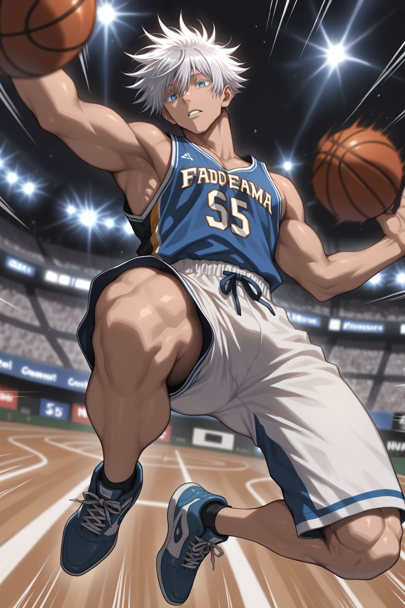 (Masterpiece, best quality), amazing quality, very aesthetic, absurd, highres, latest, perfect anatomy, perfect hands, HDR, 8K, intrinsic light, gloss, glossy color, strong coloring, masterful shading, high contrast, anime reference, anime coloring, anime screen capture from jujutsu kaisen, dynamic, 1 man, solo, male focus, gojo satoru /(jujustu kaisen/), detailed eyes, blue eyes, white hair, short hair, detailed eyelashes, white eyelashes, (muscular), trained body, sexy man, handsome, basketball outfit, blue basketball jersey, white basketball pants, blue casual shoes, solo, dynamic pose, full body, movement aura lines, cool pose, jump shot, throwing position, jumps off in a backward motion and drops backwards, in the air, arm and legs stretched out to throw, fall-away jump shot, fadeaway jump shot, lines of movement, (jumping: 1. 5, Fadeaway Jump Shot:1.5),dynamic pose, lines of movement, glowing lines of movement, dynamic angle, action scene, fast motion blur, NBA stadium, cheering crowd, blurred background,