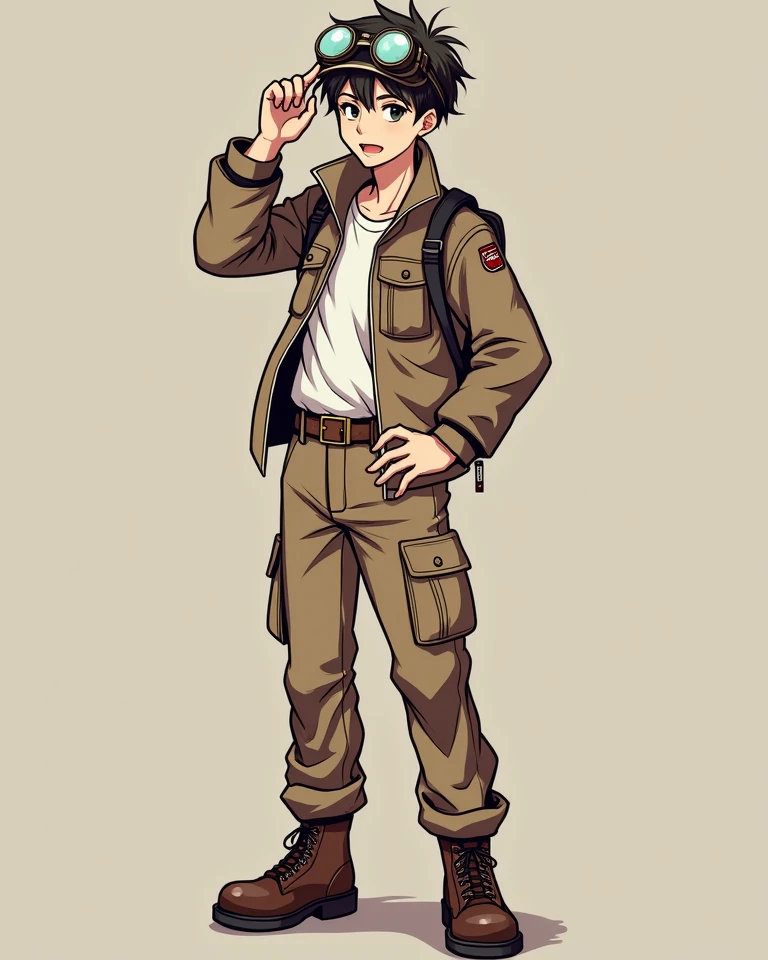 18-year-old male, anime style illustration, One hand is attached to the goggles, full body, brown pants, stiff shoes, standing up picture, steampunk, goggles on the head, slim figure, Work clothes,detailed face, beautiful eyes, long eyelashes, cool expression , factory, 4K, high quality of wavy lines,