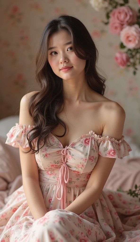 score_9, score_8_up, score_7_up, 1girl, solo, aerith gainsborough, brown hair, green eyes, little pink room. a woman, a pretty face, stands near the window a half a turn, (sheer pink nightgown), medium breasts, look at viewer. ((Flowers in hair)), fully clothed, lace choker