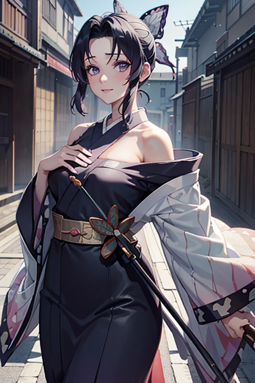 Surreal 8K CG,masterpiece,((Ultra detailed backgrounds,delicate pattern,intricate details)),best quality best,kochou shinobu,multicolored hair,no bangs,hair intake,purple eyes,forehead, alone ,chibi,Tyndall effect , (kimono:1.4),(dokyo_distance_background:1.2) ,(cowboy shot) , (standing) , (face:1.2) ,(embarrassing_expression:1.2) , No concealment , sexy , (off shoulder_dress:1.2)