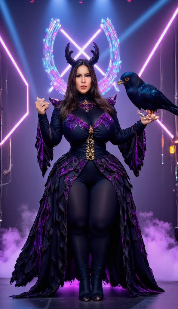 Lisa Ann: The evil nun, Demon horn, Demon wings on the head , sexy robe de nonne, His hands preparing a sphere of purple energy, diabolique, insidieux, His powerful magic hits the buildings of a city , Context of the Satanic Church, detailled eyes, detailed hands