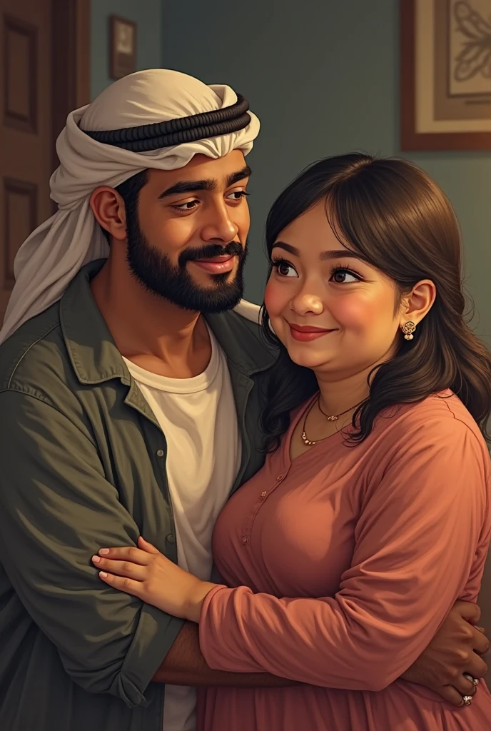 Tall chubby arab man white skin with a beautiful hijab girlfriend that has mole on the chin cartoon
