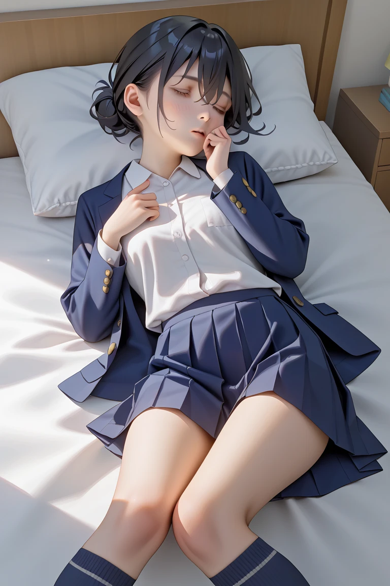 (((Dressing:2.0))), (((shool uniform:2.0))), (((Dress up reliably:1.8))), (((pantie shot:1.8))), (((Face the front of your body at the camera:1.8, Sleeping on her back on the bed:1.8, lift both legs up:1.8, legs over head:1.8))), (((shool uniform:1.8, Dark blue pleated skirt:1.5, white panties with a small area,:1.5))), (ssmile:1.5), 1girl in, student, 7headed body, Ideal ratio body proportions, erectile nipple, Medium hair, A dark-haired, With bangs, small tits, A slender, Small buttocks, beauty legs, Skinny Legs, surrealism, Cinematic lighting, depth of fields, One-person viewpoint, F/1.8, 135 mm, nffsw, masutepiece, ccurate, ((Anatomically correct:1.3)), Textured skin, Super Detail, high details, High quality, awardwinning, Best Quality, hight resolution, 8K