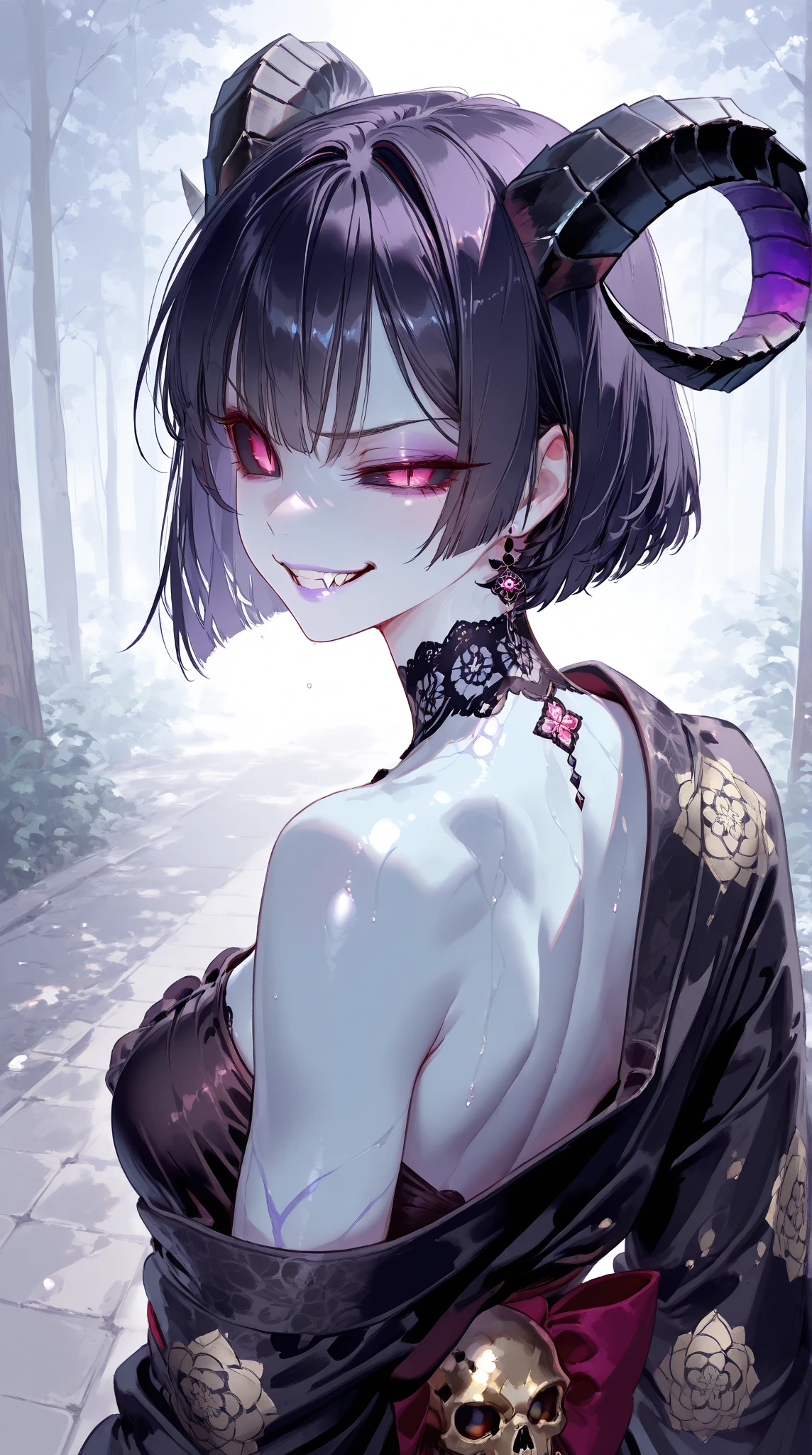 ((Highest quality)), ((masterpiece)), (detailed), (Perfect Face)、The demon woman is Shinobu Kochou, with black bob hair with purple gradation at the ends, styled in a formal evening hairstyle.、The woman is an evil man-eater and wears revealing clothing、City of night、Demon slayer