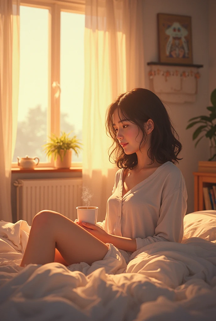 In a room bathed in the sunset、A woman sitting on a sofa reading a book。There is a cup of hot tea in front of me、Steam is rising。Watercolor、warm color、Serene atmosphere