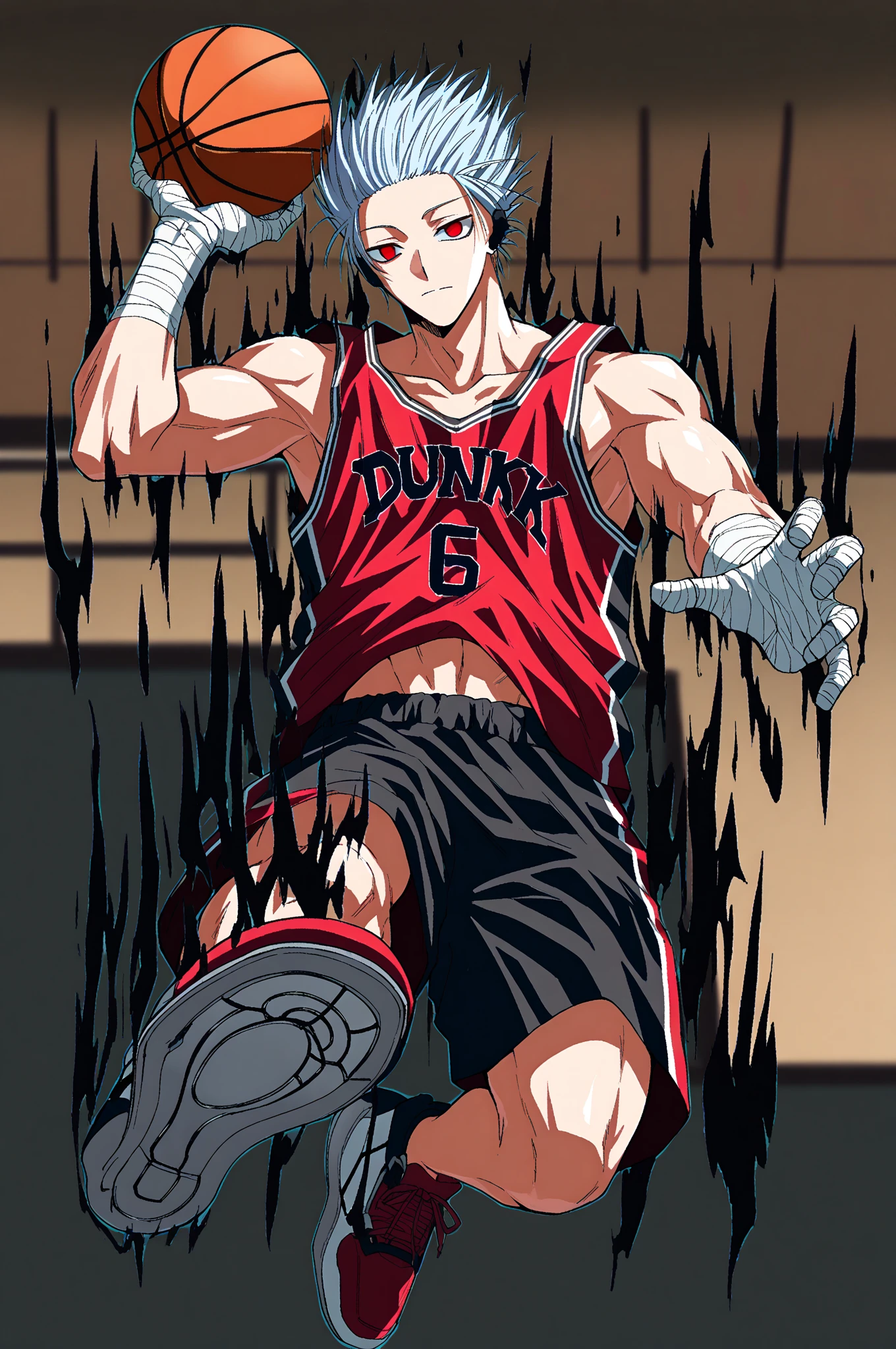 (masterpiece, best quality), amazing quality, very aesthetic, absurdres, highres, newest, perfect , perfect hands, HDR, 8K, intrinsic light, luster, shiny color, strong coloring, masterful shading, high contrast, anime-reference, anime coloring, Sakamoto Days, Yuto Suzuki, dynamic, 1man, solo, male focus, Gaku, silver hair, short hair, slanted eyes, red eyes, earrings, ear piece, bandaged hands, (muscular),  man, handsome, alternative costume, cool, basketball uniform, red tank top, black shorts, glowing clothes, neon trims, intricate fabric, red neon shoes, intricate outfit, solo, dynamic pose, full body, looking at other, (jumping:1.5, dunk shot:1.5, basketball dunk:1.5), mid-air, flaming eyes, (black aura:1.5), movement aura lines, cool pose, dynamic pose, motion lines, glowing movement lines, action scene, fast motion blur, court setting, dark atmosthere, blurry background,