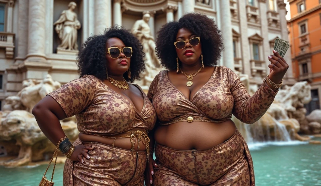 (photorealism:1.2) create the visual of two women, not sexy, one is a fat woman mixed race with an afro, she is fat, she is wearing a leopard print jumpsuit she is smiling and looking at the camera next to her there is a blonde woman she is smiling she is looking at the camera she has white skin and she wears a snake print dress in the environment it's a jungle with disco balls and lights and a crocodile in the background there is a red-haired man playing the piano