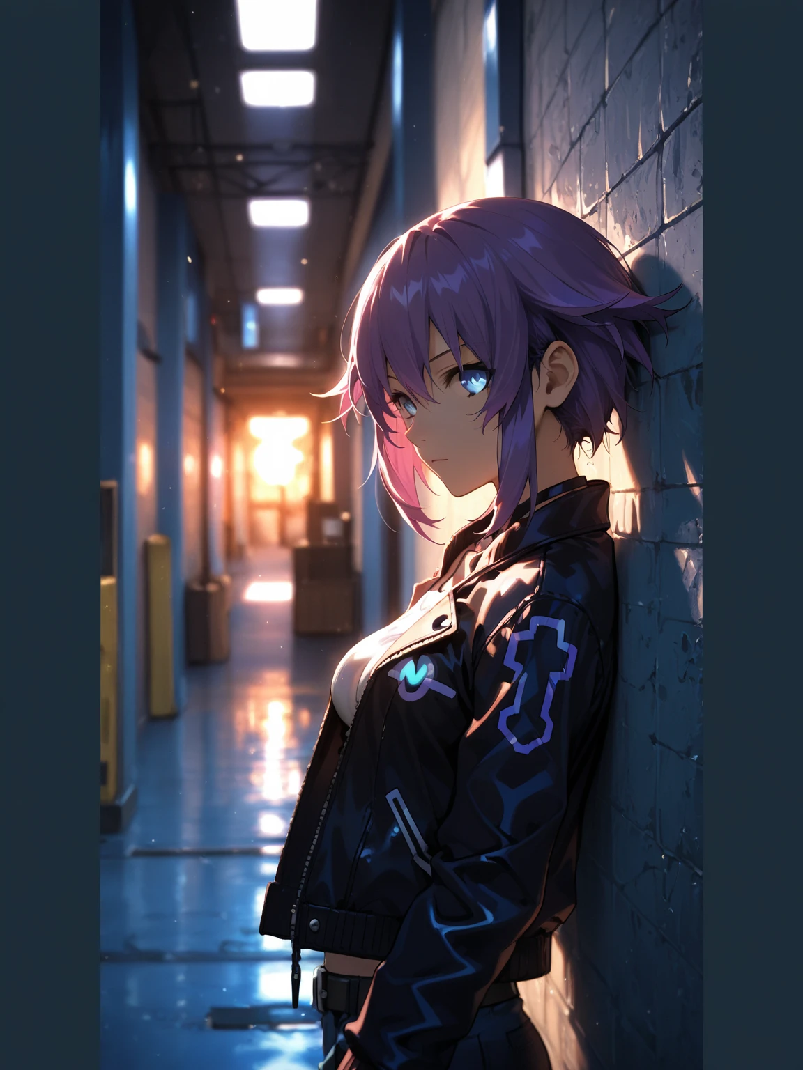 (masterpiece, best quality, detailed), 1girl, solo, looking at viewer, <lora:ShidareHotaru:0.6>, pikkyhotaru, purple hair, short hair, ringed eyes, blue eyes, breasts, large breasts, <lora:HackedTech-20:1>, hackedtech, hoodie, leather, data stream, green hues, <lora:alley:1>, alleyway, industrial pipe, building, urban, power lines, cloudy sky, sign, dark, night, trash can, <lora:midfinger-left-v2-wasabiya:1>, middle finger, smug, smile, closed mouth