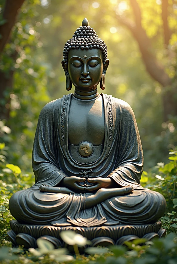 hightech cyber predator buddha statue from space with visible circuits on his face, from the future, cyberpunk, alien like, highly detailed, hyper realistic, intricate details, obsidian, shiny, reflective, glowing aura, dramatic lighting, cinematic composition, serene expression, peaceful meditation pose, ornate decorations, gold accents, natural environment, lush foliage, sunbeams, photorealistic, 8k, masterpiece, cs-m3tal-ok_v06-1000