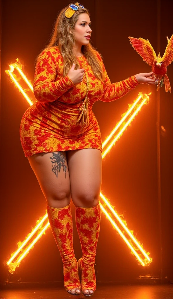 Masterpiece, Best Quality, Ultra HD, Highest Resolution, 32K Quality, Dynamic, (Obese: 1.2), (Super Curvy: 1.5), Korean Female, (Long Red Hair Slicked Back), Smiling, Purple Bustier One Piece Dress, Teardrop Earrings and Necklace, Holding a Baton as Long as Her Height, Holding an Amulet, Purple High Heels, Full Body Shot, (Fire Background),