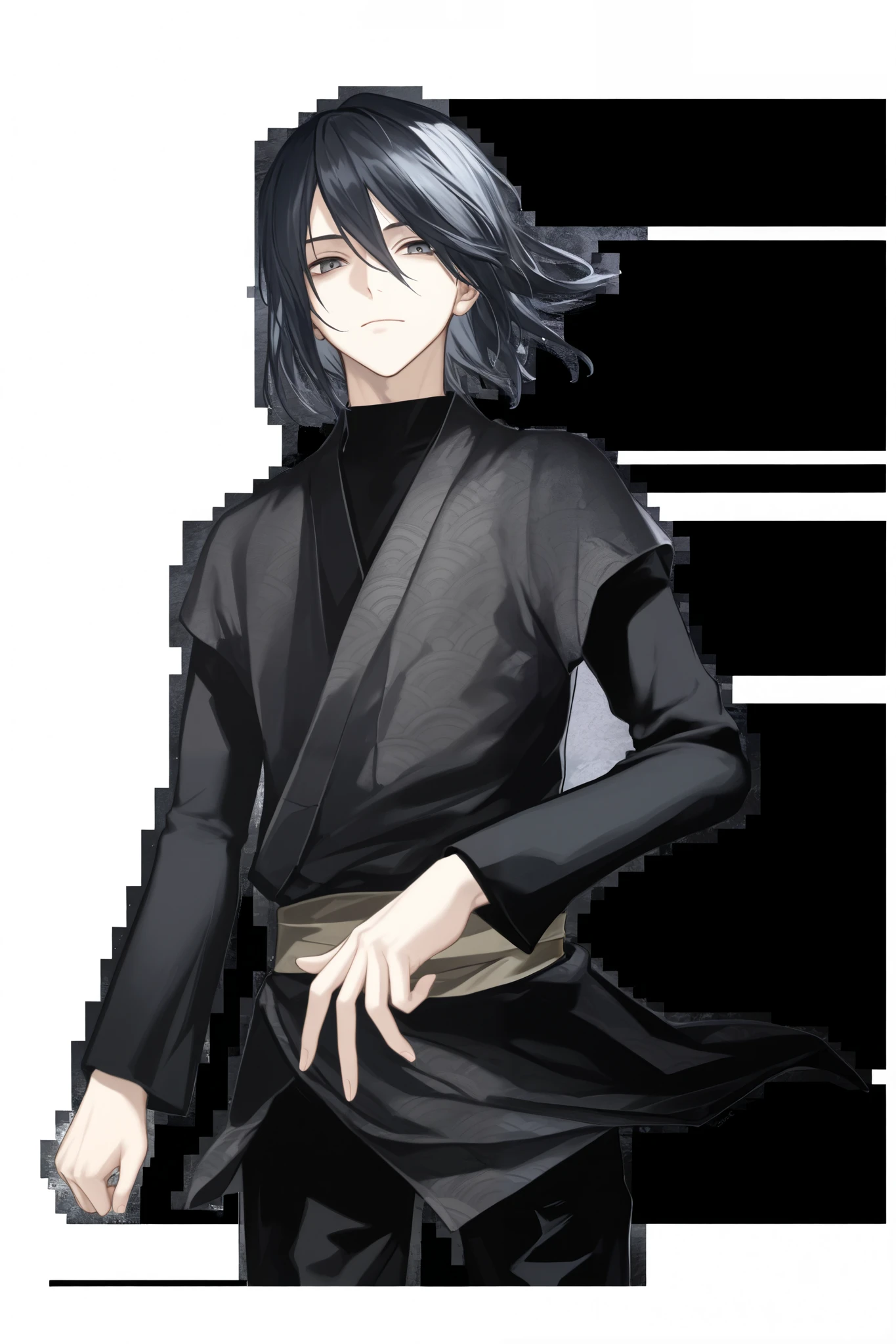 solo, looking at viewer, black hair, long sleeves, 1boy, hair between eyes, closed mouth, standing, male focus, cowboy shot, japanese clothes, pants, black shirt, black pants, black background