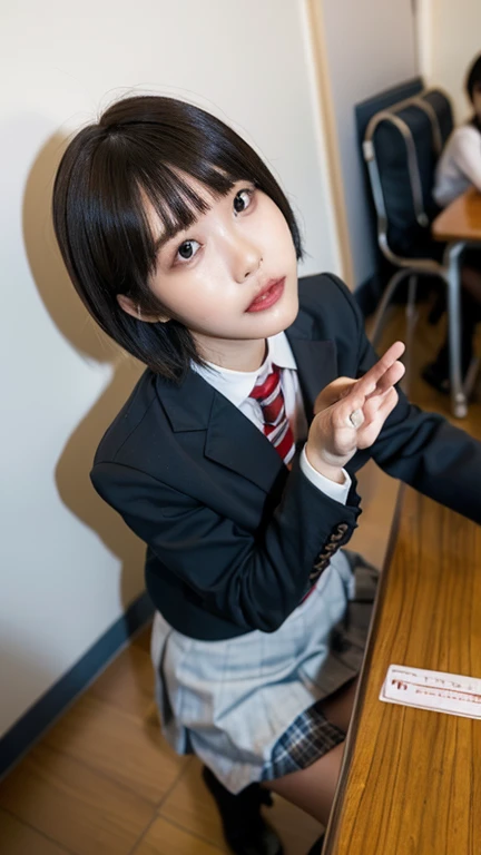 (Unity 8K Wall Pace),(Highest quality),(High resolution),(Very detailed),(Perfect Anatomy),(Beautiful attention to detail),(Very detailedベニス),(masterpiece, Highest quality), Browsing Caution,(1man,1girl), BREAK Japan,Girl,,(Not cute),((scared:1.8)),Black Hair,(pixie cut),short hear,,Japanese ,Navy Blue Blazer,Pleated skirt,White socks,Sit in front of the audience,Staring at the audience,(hand job:1.5),Grab your penis, BREAK Small penis,(Viewer's penis),Realistic penis,(facial),