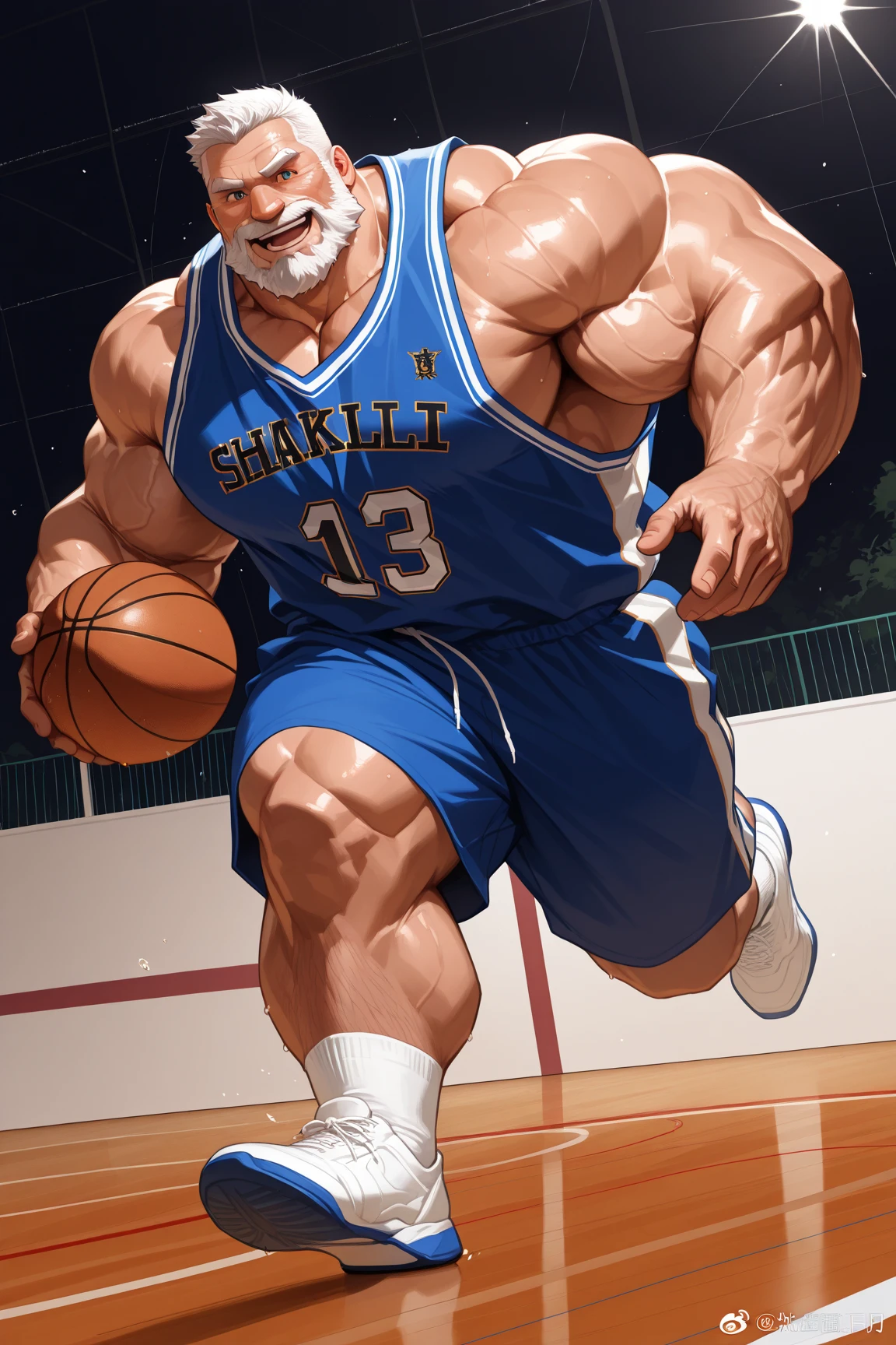 Best quality, masterpiece, ultra high res,detailed background,realistic,illustration,from below,full body,solo,(((1boy))),muscular male,beard,sneakers,basketball,muscular,facial hair,volumetric lighting,depth of field,(bara stocky:1.6),((slam dunk uniform)),