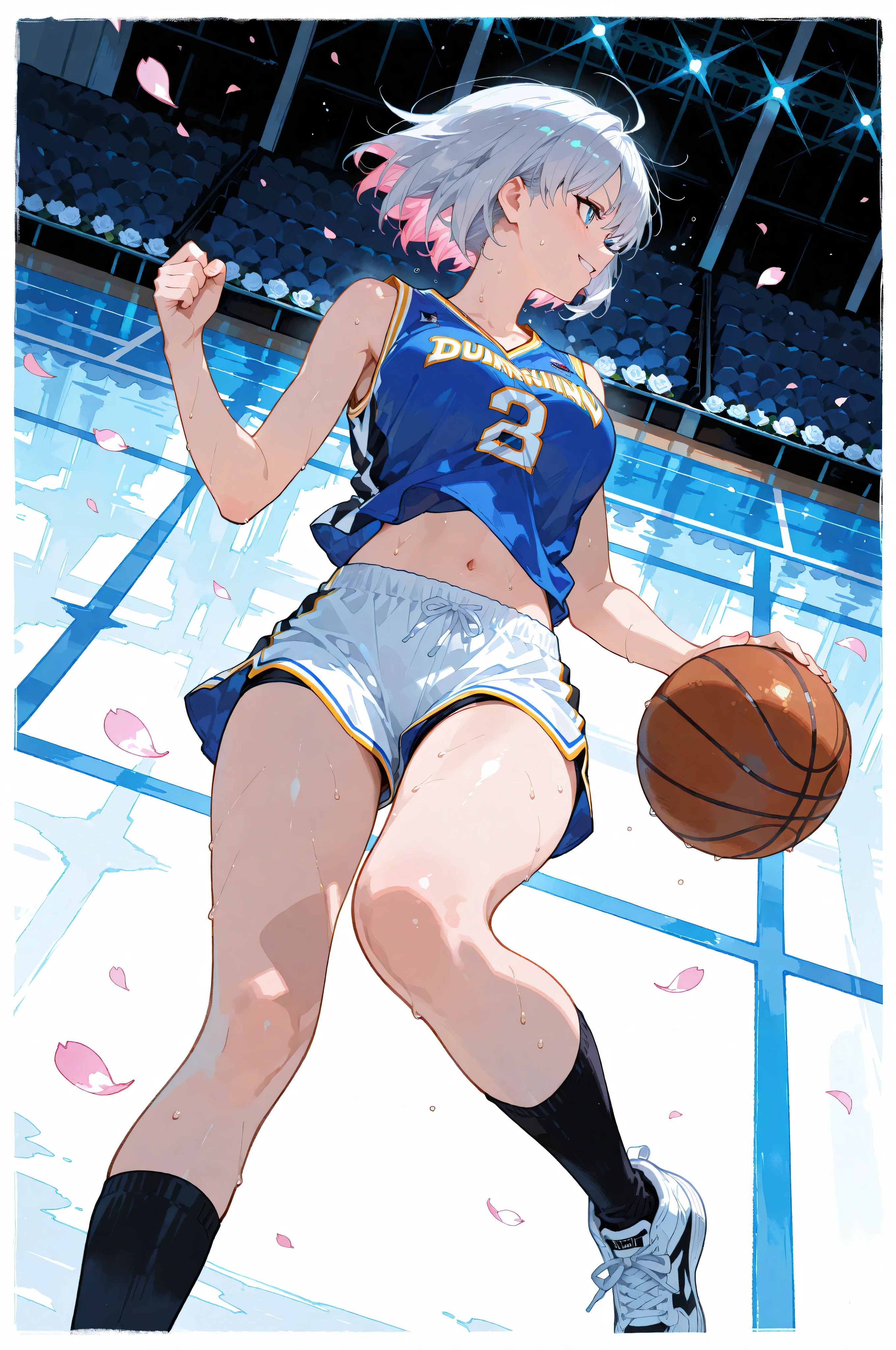 A lone female Saiyan warrior, framed in a cowboy shot angle, dominates an NBA basketball court, her side profile striking as she leaps toward the goal ring, captured mid-air from a low-angle view beneath, her refined Harley-Davidson parked courtside with its matte black body and chrome accents humming with quiet power. Her long, flowing silver hair shimmers with faint pink undertones, flaring wildly in the wind of her jump, while her blue eyes burn with quiet hope, her fierce smile radiating resilience. She’s clad in a loose-fitting blue basketball uniform, the sleeveless jersey hanging open to reveal her large chest bouncing with each motion, a hint of her underbust peeking out beneath the fabric, her bare midriff and navel glistening with sweat. The shorts are relaxed, with a subtle slit hinting at her panties just barely visible, accentuating her graceful thighs with knee-high black socks and sneakers. Both hands grip a basketball with unrelenting force as she performs a powerful dunk (1.2), slamming it through the ring with explosive energy, the ball reverberating with her strength. Another basketball rests beside her Harley-Davidson, reflecting the arena lights, while cherry petals drift down from an unseen source, mingling with white roses scattered across the court, hinting at a peaceful rebirth from war. Her knight-like aura glows with ferocious vitality against a minimal white background, rendered in watercolor subtlety (0.4) and pastel richness (0.6).