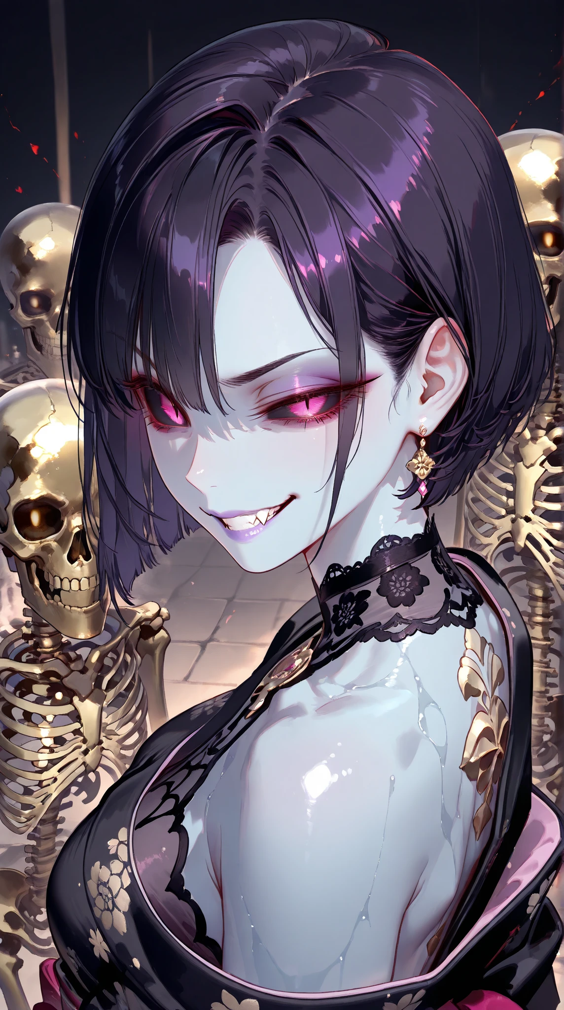 (woman), ((Douman from fate)), masterpiece, best quality, half black half white hair, ((short hair)), plain white shirt, green monk attire, dark yellow eyes, realistic anime style, devious smile, ((portrait)), earrings, long colored nails, holdind a skull.