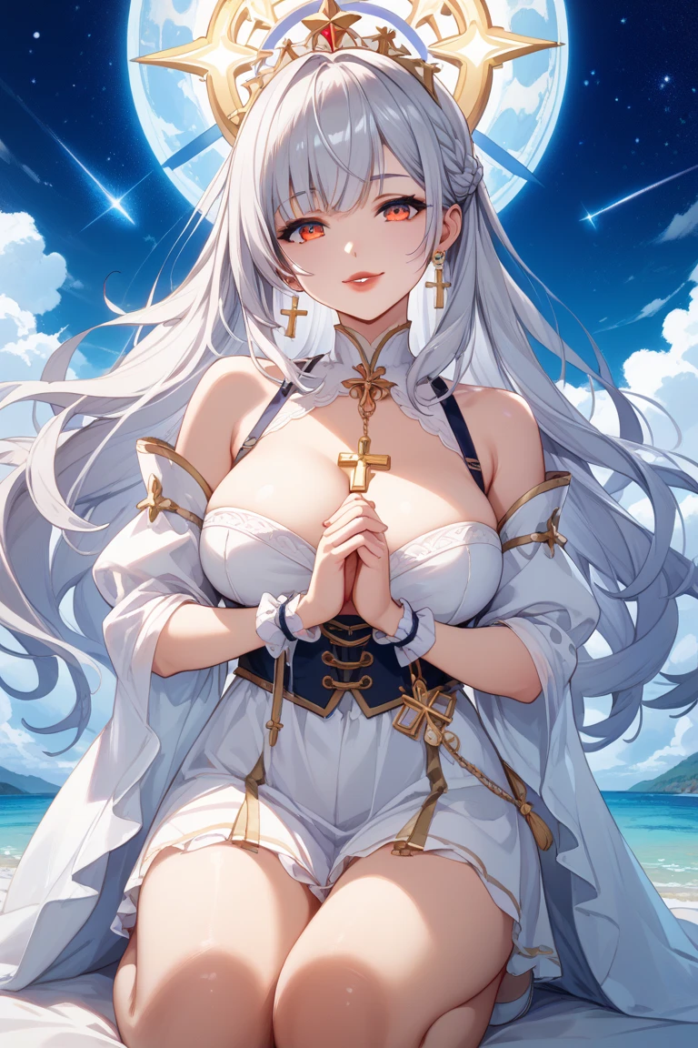 Fox Teacher，Long hair，Added a little flexibility，Rich in layers，Naked，Firm breasts，Full, large，Ring wreath，Foam all over，Cross your legs，colorful background，A cross hangs from the chest