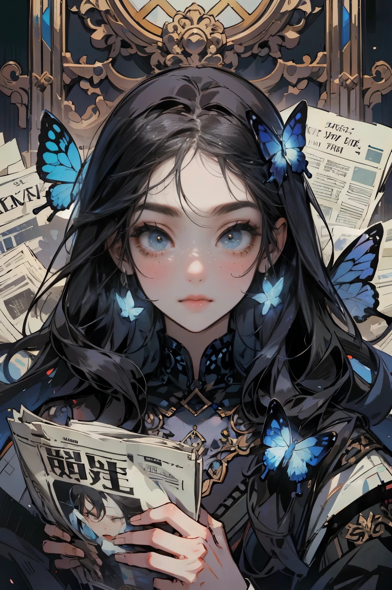  Magazine Cover，Female side avatar, alone, dress, Detailed facial features and long eyelashes, butterfly hangs over her head, Surrounded by a row of newspaper clippings. [ girl'Very realistic and detailed, bright color、clear focus. The overall image is a high-resolution masterpiece, 非常適合 Magazine Cover. The art style is a mix of photography and conceptual art. vibrant hue、striking. The light is studio style, with soft lighting. 此提示還包括常見於 Magazine Cover上的文字和條碼.