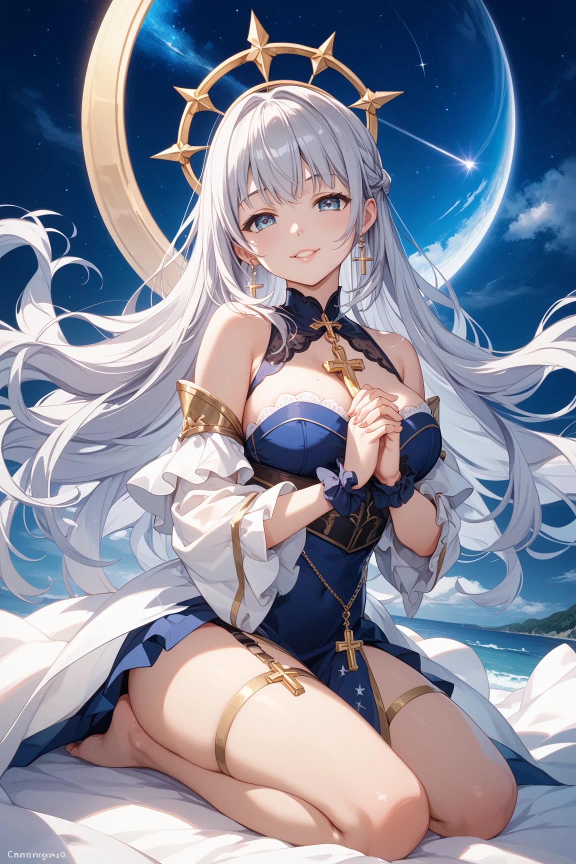The pure white girl is icy and jade-free. Her hibiscus-long hair is waist-length. She is wearing silk and elegant white stockings with metal ornaments.（White and translucent meat） A shy expression。spoony。 Scene setting The bright moon rises over the sea，The end of the world is at this time（Gorgeous starry sky and milky way） Wearing a garland on her head, the dreamy wind blew her clothes