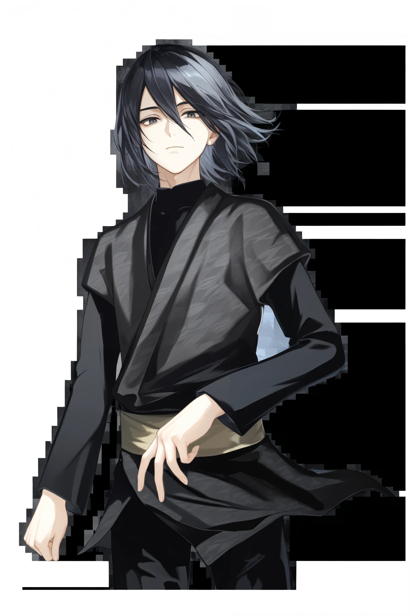 solo, looking at viewer, black hair, long sleeves, 1boy, hair between eyes, closed mouth, standing, male focus, cowboy shot, japanese clothes, pants, black shirt, black pants, black background