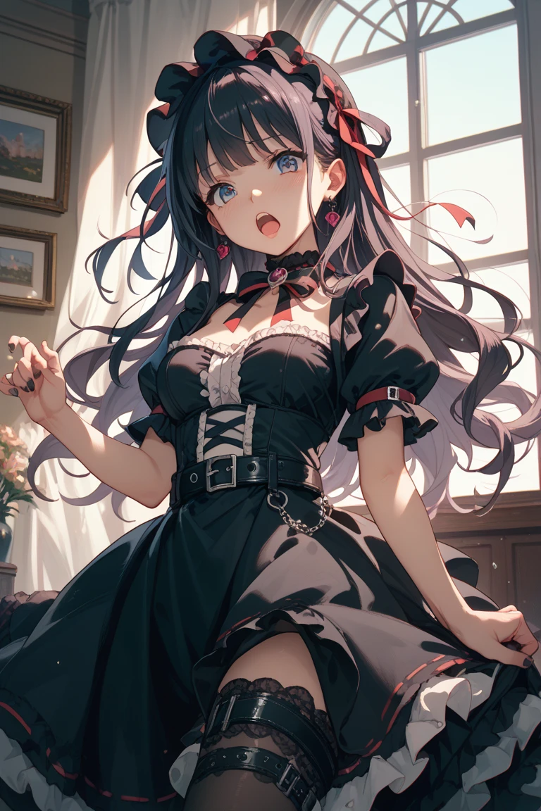 Best quality, ultra detailed, 1 girl, kurumi tokisaki, Kurumi is 157 cm tall and comes in three sizes: B85/W59/H87.
She usually wears a monotonous black Gothic Lolita dress, dynamic pose, Her skirt was pulled up, transparent tights, thong