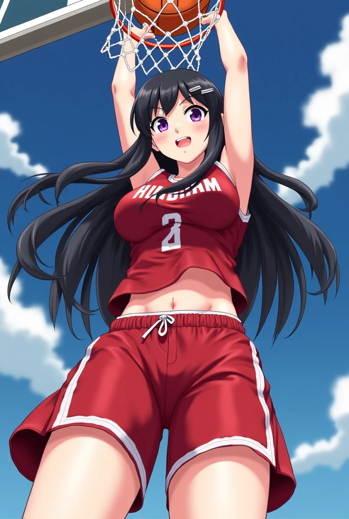 A beautiful woman with long black hair, big breasts, and beautiful legs is standing in a changing room in a red competitive swimsuit.。