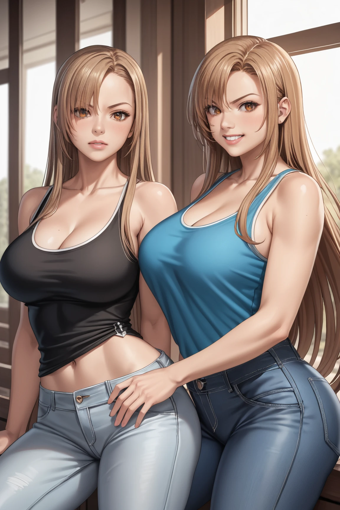 a 42-year-old adult woman, large and beautiful breasts, girl with Tifa Lockhart look, wearing tight and torn jeans, long and voluminous black hair, light brown eyes, serious and thoughtful expression, wearing a black mayh-style bodice on the bust, a black choker on the neck, retro 80s anime, 80's anime, Classic anime, vibrant colors and solid shadows