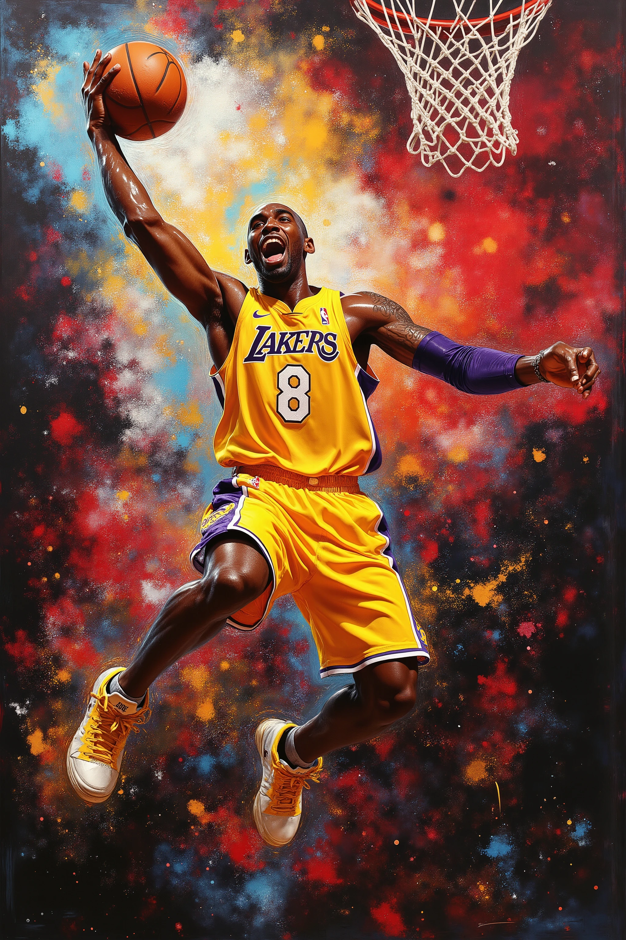 A vibrant, abstract painting depicts a male basketball player, likely Kobe Bryant, in mid-air during a slam dunk. He is dark-skinned and appears to be in his prime, athletic build. He is wearing a yellow Los Angeles Lakers jersey with the number 8 prominently displayed. His expression is intense, mouth open in exertion, focusing on the basket. His arms are extended, one hand holding the basketball, and the other is bent at the elbow. The player's body is in a dynamic, leaping pose, and his body faces the viewer directly, while his head turns slightly to his right. The background is a chaotic blend of vibrant colors – reds, oranges, yellows, blues, and blacks – suggestive of the energy of a basketball game. The image's composition is dynamic, with the action centered, while the surrounding colors and the style of brushstrokes are expressive. The lighting is dramatic, focusing on the player and emphasizing the movement. The style is expressive, painterly, and abstract. The image highlights the power and athleticism of the basketball player. Significant details include the vibrant colors, expressive brushstrokes, and the focus on the player's athleticism. The perspective is from a slightly elevated angle, giving a sense of the action.