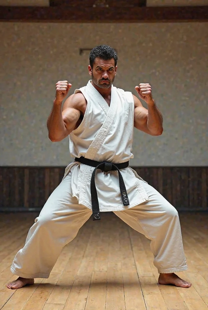 A strong, determined man intensely practicing martial arts in a dojo. The setting should be dynamic, with the man's powerful movements and focused expression capturing the essence of hard work and dedication. The background should include traditional martial arts elements such as mats, banners, and training equipment.
