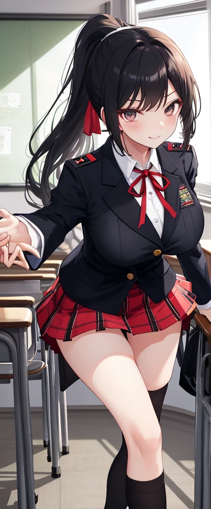 masterpiece, mischievous smile, light blush, looking at viewer, huge breasts, sexy pose, female rean schwarzer, long hair, school uniform, necktie, black skirt, open clothes, nipples, detailed white classroom in the background