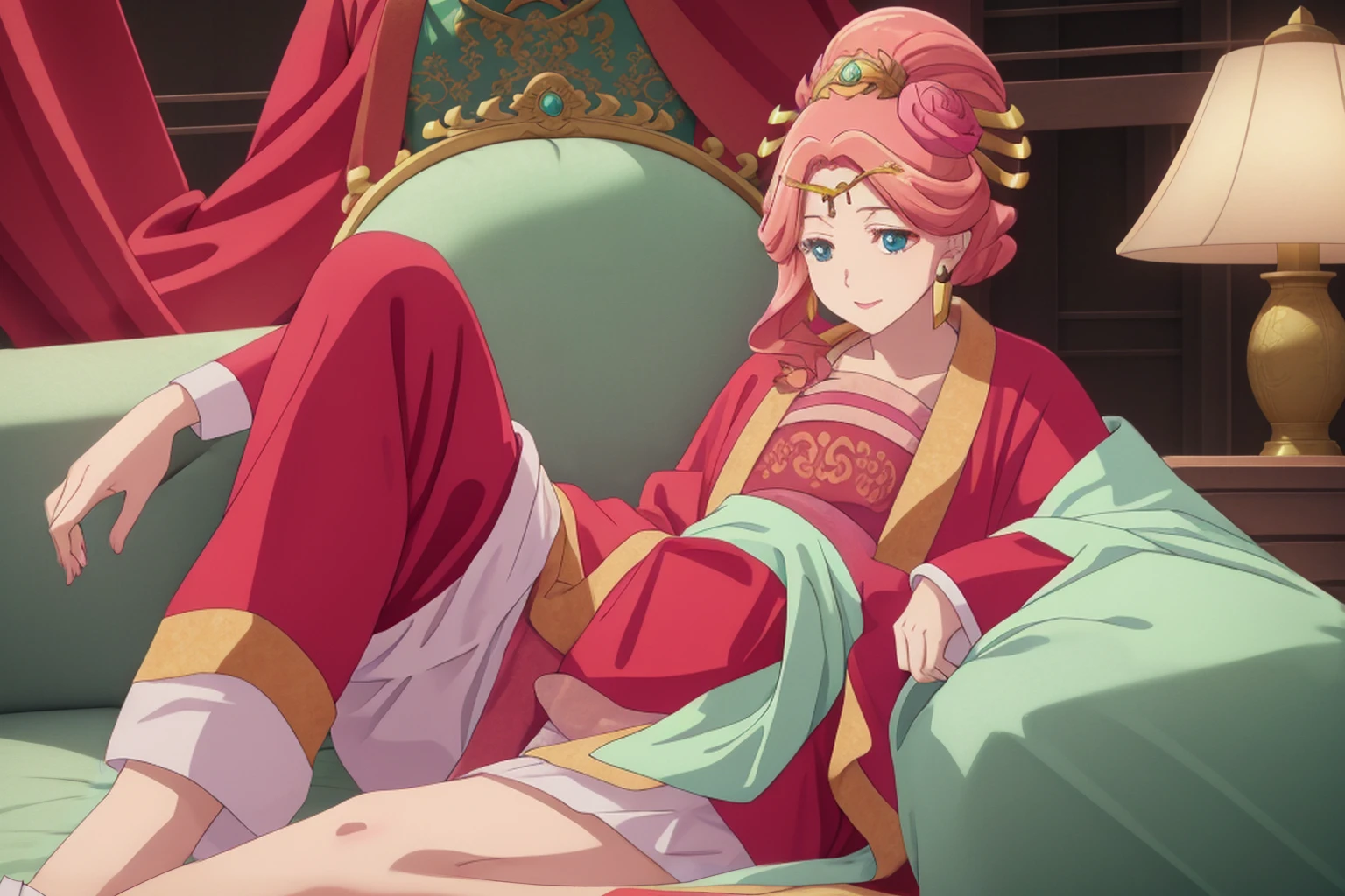 Clothed,NSFW,(((1girl,1men,sex from behind ,vaginal ))),kneeling,Gyokyou,white lace panties ,bangs, Long Hair, Green Eyes, hair ornaments, Pink Hair, Best smile, (Red clothes:1.3), (Light green jacket:1.3), highest quality, High resolution, unity 8k wallpaper, (shape:0.8), (Beautiful and detailed:1.3), Highly detailed face, Perfect lighting, Detailed CG, (Perfect hands, Perfect Anatomy), smile,detailed eyes,glowing eyes,beautiful thighs , beautiful legs,looking at viewer,