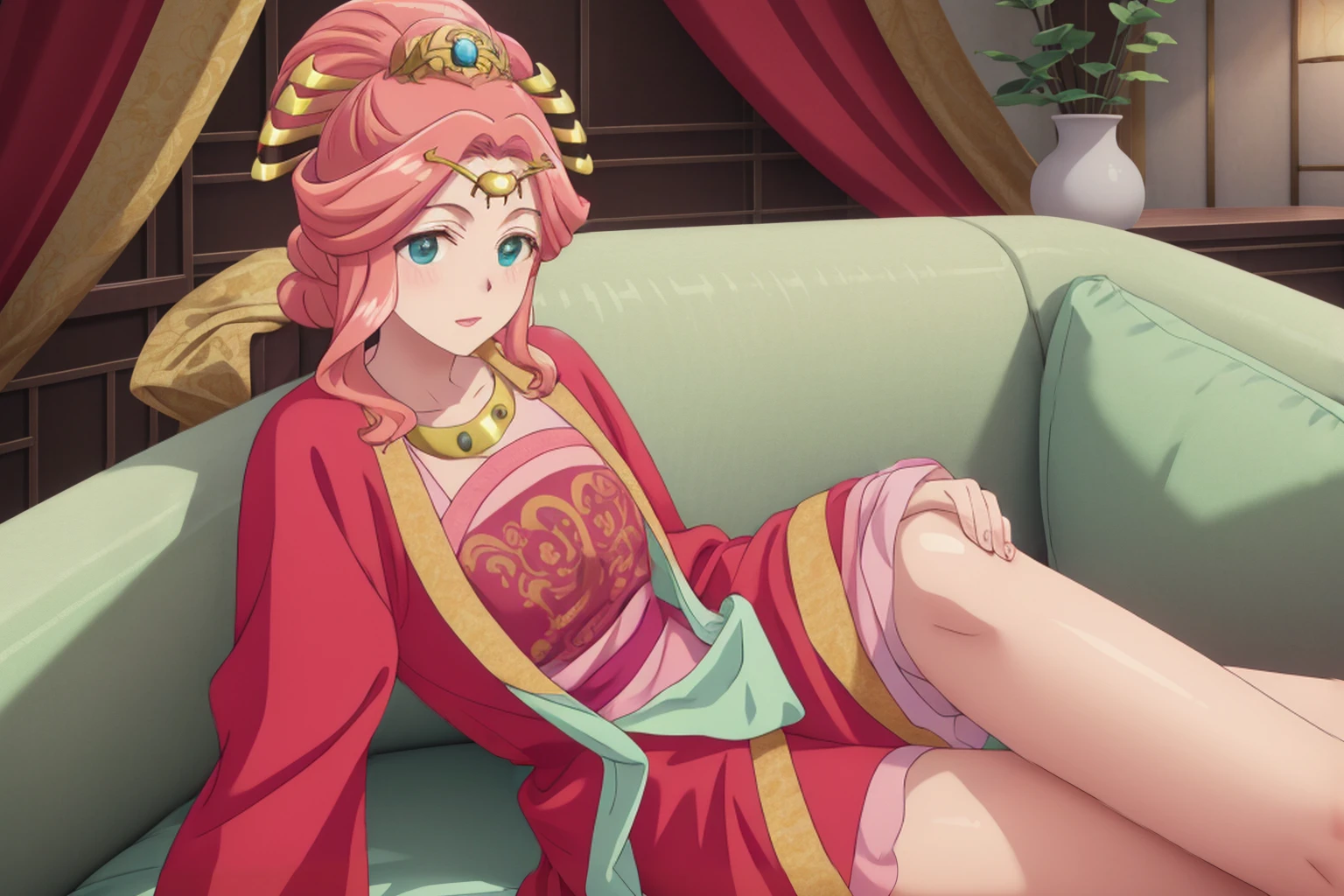 Gyokyou,white lace panties ,bangs, Long Hair, Green Eyes, hair ornaments, Pink Hair, Best smile, Low people, (Red clothes:1.3), (Light green jacket:1.3), highest quality, High resolution, unity 8k wallpaper, (shape:0.8), (Beautiful and detailed:1.3), Highly detailed face, Perfect lighting, Detailed CG, (Perfect hands, Perfect Anatomy), smile,detailed eyes,glowing eyes,beautiful thighs , looking at viewer,lying sofa,