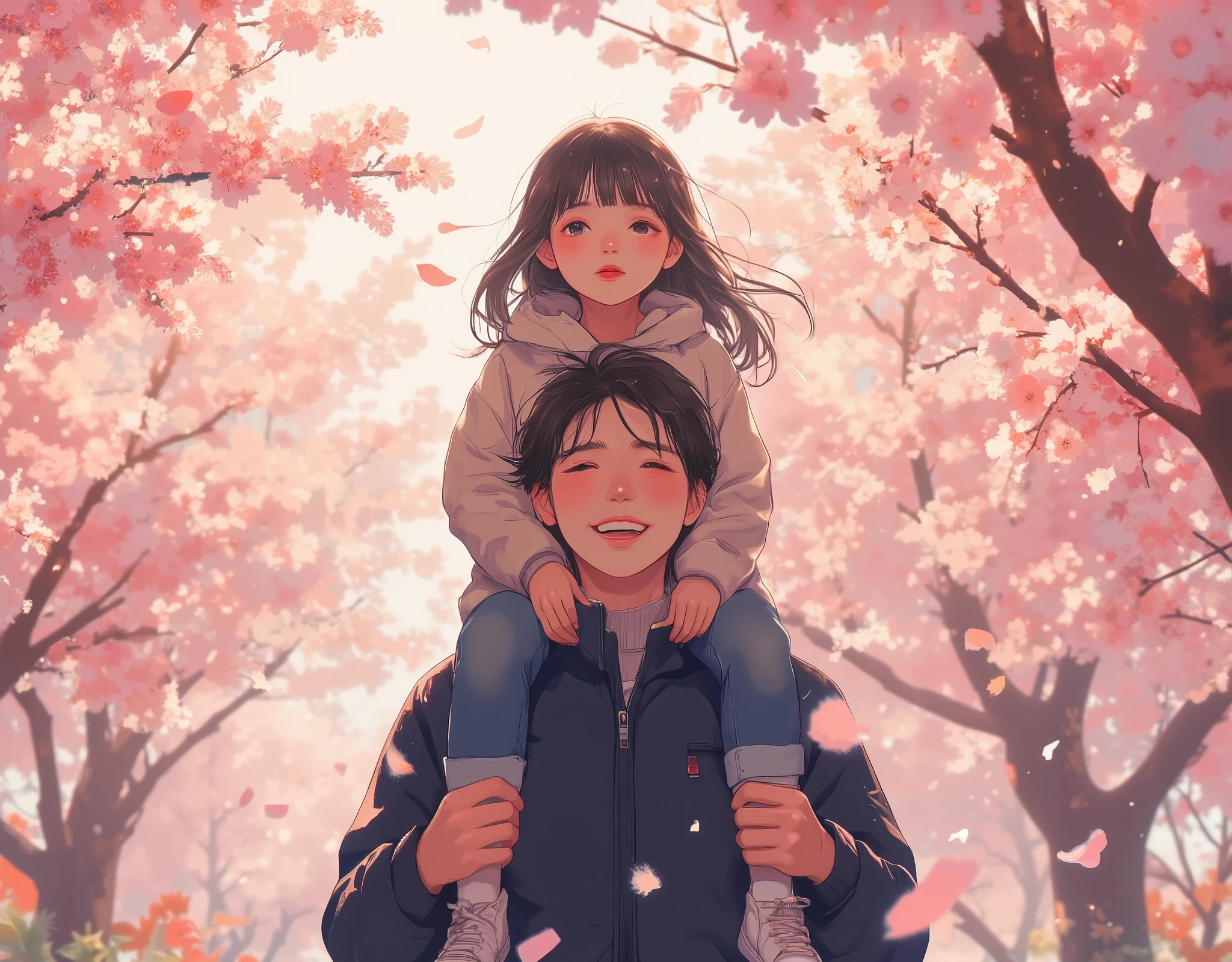 "A young father with short black hair and bright eyes, wearing a dark blue jacket, smiling happily while carrying his little daughter on his shoulders. The daughter has short brown hair, a light beige jacket, and blue jeans. She is looking at cherry blossoms in full bloom, excited and cheerful. The scene is set outdoors during spring, with pink cherry blossoms surrounding them. The background is softly blurred, creating a dreamy atmosphere. Anime-style, high detail, soft lighting, warm and pastel color palette, joyful and heartwarming mood."