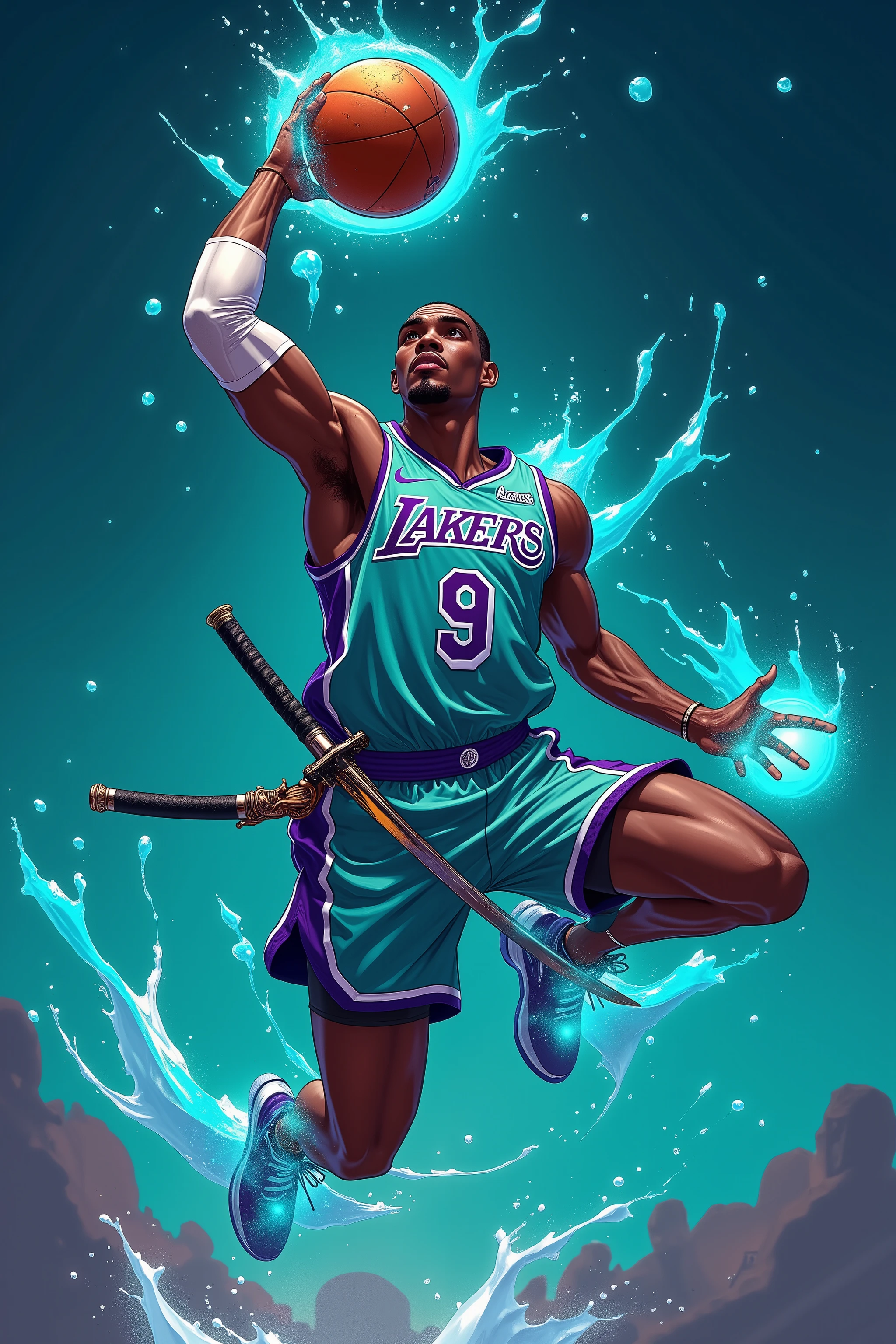 A dark-skinned man, likely in his late twenties or early thirties, is depicted in a dynamic basketball action pose. He is a professional basketball player, wearing a teal and purple Los Angeles Lakers jersey with the number 9 prominently displayed. He's also wearing a katana (Japanese sword) on his hip, adding a stylized, anime-inspired element to the image. The player is mid-air, leaping to shoot a basketball, which is glowing with a vibrant blue energy effect. The action is heightened with exaggerated musculature and a powerful stance. His expression is focused and determined, with a serious demeanor. His clothing style blends athletic attire with a stylized samurai theme. The environment is a stylized court, with teal and deep blue colors dominating the background, conveying a dynamic and energetic atmosphere. Water-like effects are painted around his body, creating a visual flow. The perspective is slightly elevated, giving a dynamic view of the jump shot. The colors are bright and bold, using a graphic anime-influenced style. The image is highly detailed, with vibrant lighting and strong outlines creating a striking visual effect. The composition is balanced and the focus is on the dynamic action. The player is positioned slightly off-center in the image.