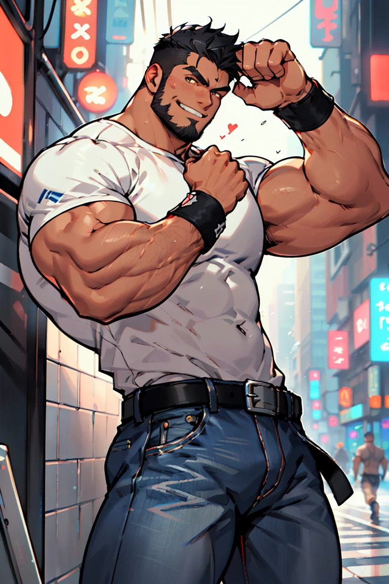 masterpiece, best quality, there is a cartoon of a man with a fist in his hand, muscular character, muscular male hero, beefcake pose, muscular!, muscular!!, mid-shot of a hunky, commission for high res, muscular! cyberpunk, super buff and cool, heavy gesture style closeup, very buff, muscular!!!, buff man, muscular characters, muscular! white shirt with black details on it, smiling, orange eyes, detailed eyes, black hair
